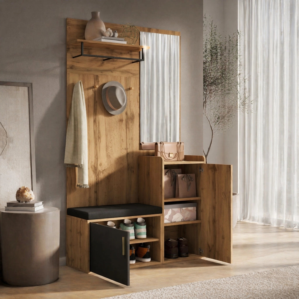 Garderoba ingresso compatta con specchio; panca e scarpiera 100x38x185 cm; nero e naturale