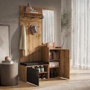 Garderoba ingresso compatta con specchio; panca e scarpiera 100x38x185 cm; nero e naturale