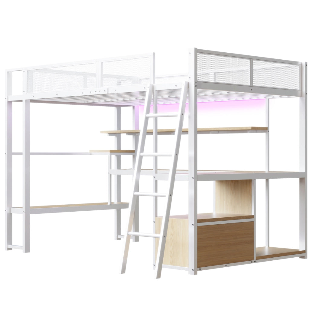 Letto a soppalco 140x200 cm con scrivania; LED e portaoggetti in MDF e metallo bianco