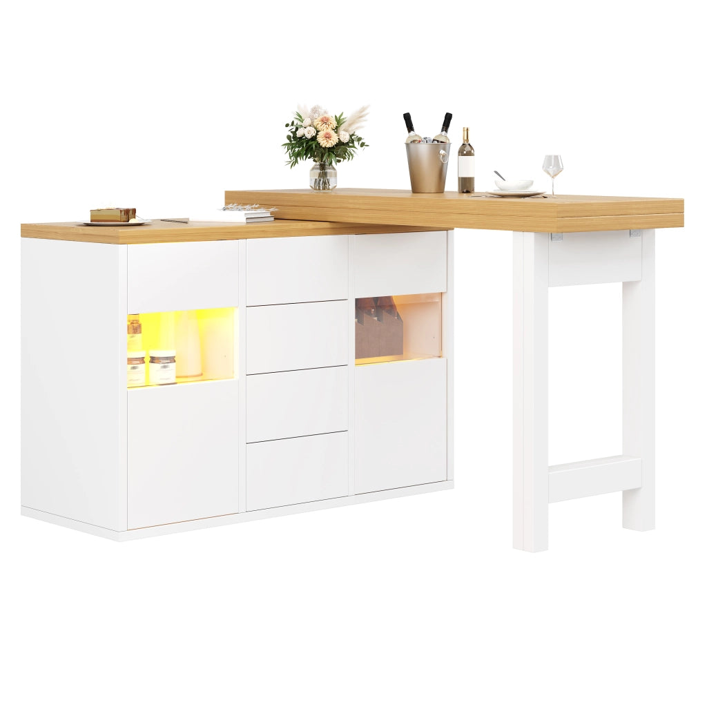 Credenza da cucina girevole a 360°; con 4 cassetti e porte in vetro; LED; per cucina e sala da pranzo