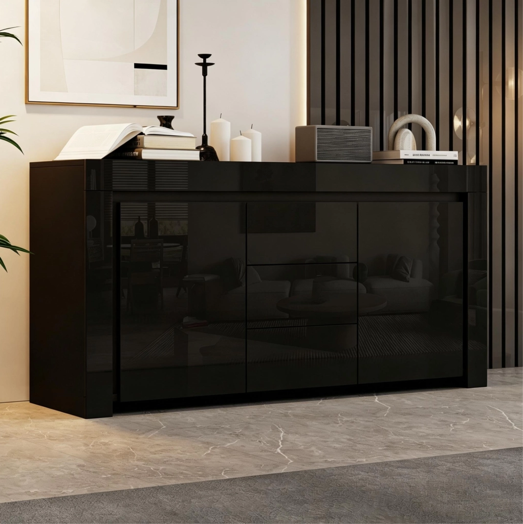 Sideboard nero lucido con 2 ante, 3 cassetti e luci LED