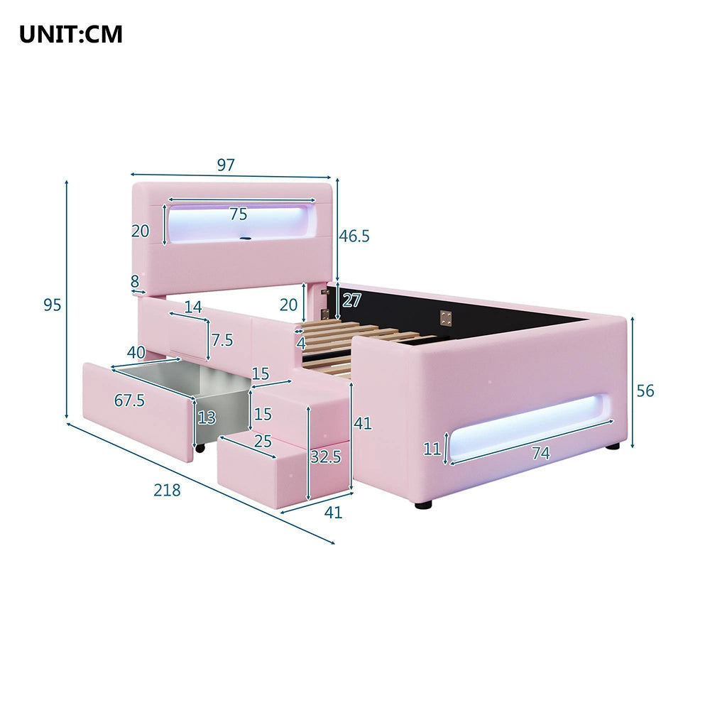 Letto imbottito 90x200cm?- Xylo - scala LED 2 cassetti rosa
