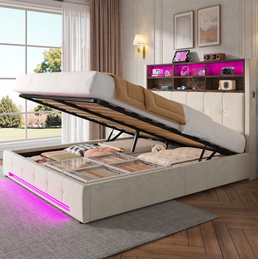 Letto 160x200 cm con contenitore; LED e USB-C in velluto beige