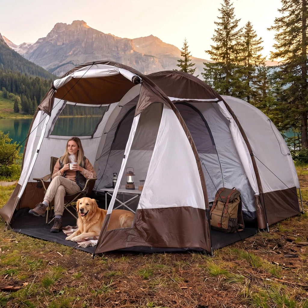 Tenda da Campeggio per 4-6 Persone, Tenda a Tunnel Familiare Impermeabile con 2 Stanze, Finestre Ventilata, Picchetti e Borsa da Trasporto, per Campeggio e Viaggi, 450 x 330 x 202 cm