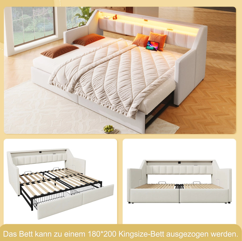 Letto estraibile con USB, Tipo C, LED, 2 cassetti e tasche portaoggetti