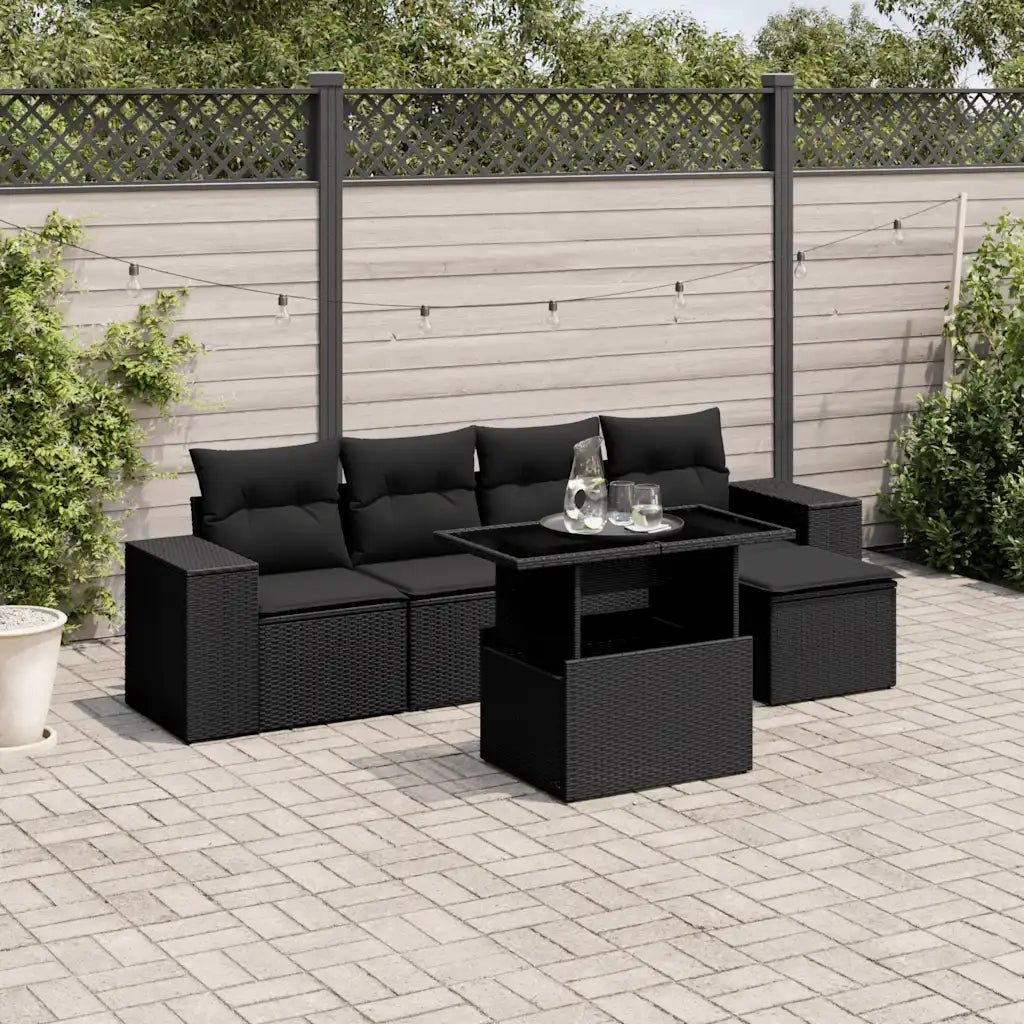 Set Divano da Giardino 6 pz con Cuscini Nero in Polyrattan