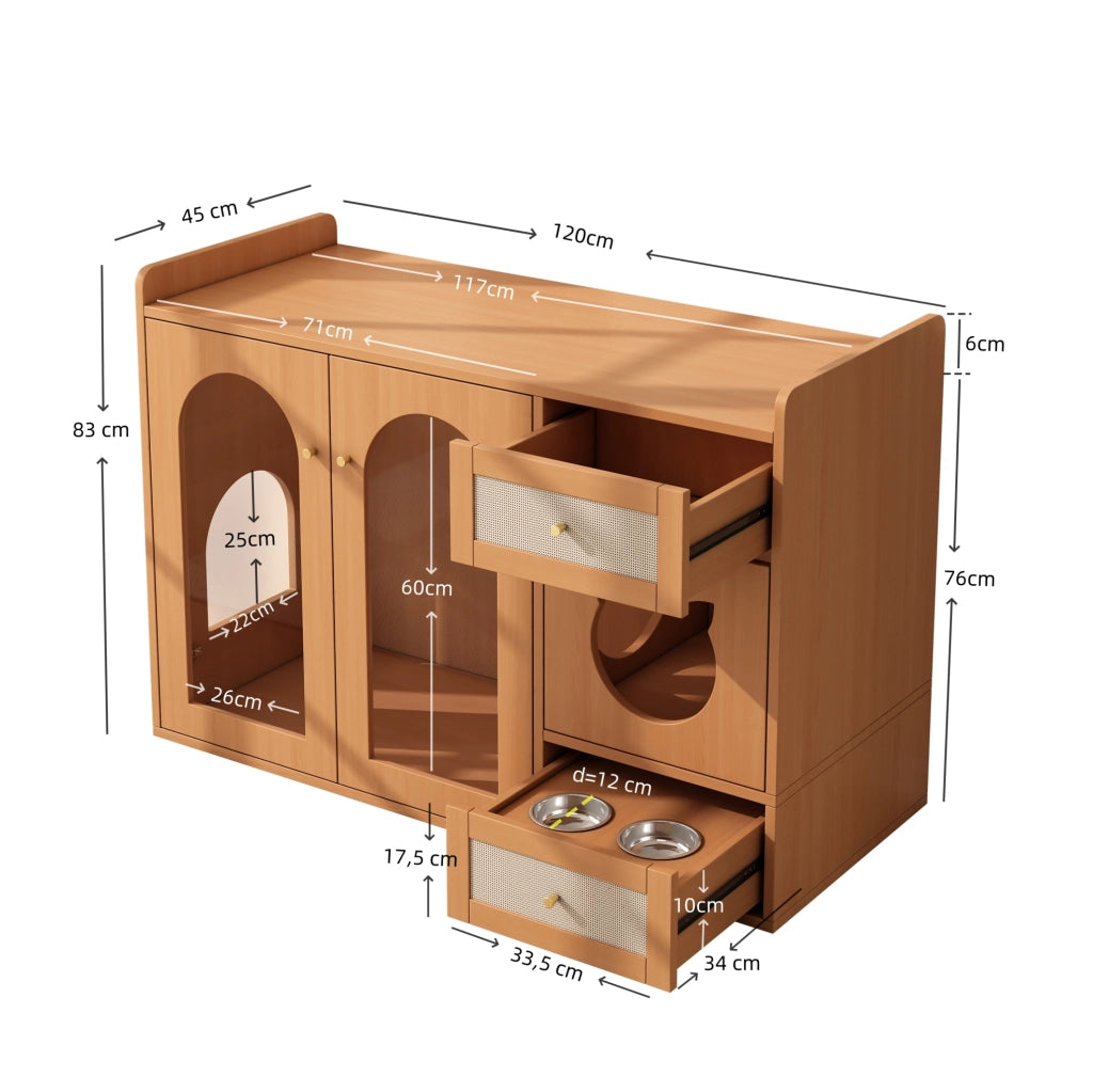 Mobile lettiera per gatti 120x45x83 cm con zona nascosta; vano riposo e ciotole in MDF e vetro; noce