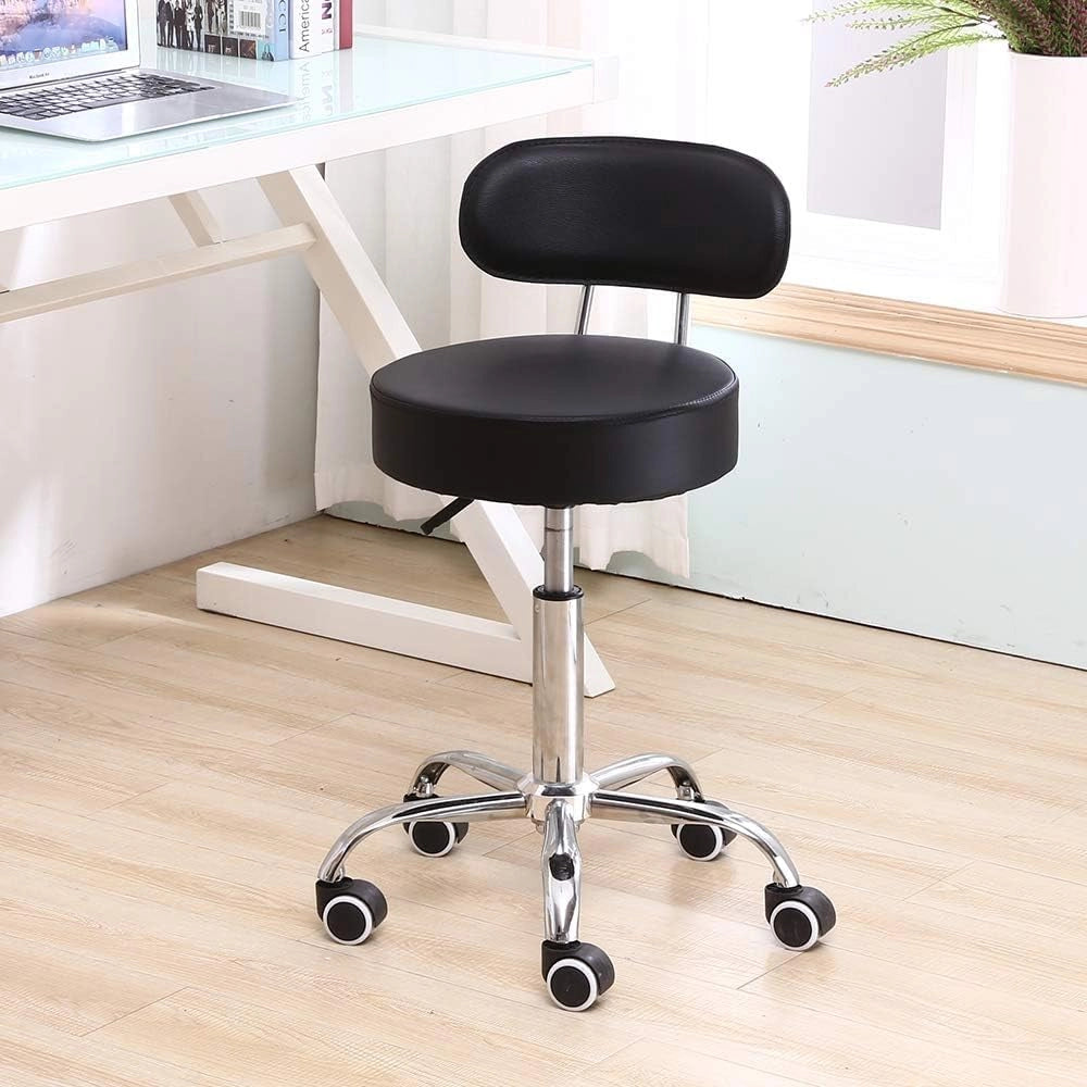 FENIXSHOP24 Sgabello estetista con rotelle e schienale girevole a 360°, sedia a rotelle, altezza regolabile, ottimo anche per ufficio - Nero-COD 006