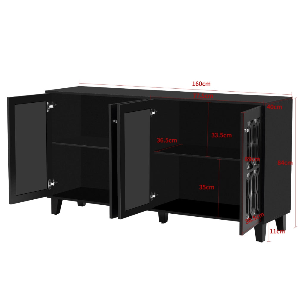 Credenza 160x40x84 cm con 4 ante; ripiani interni mobili; MDF nero