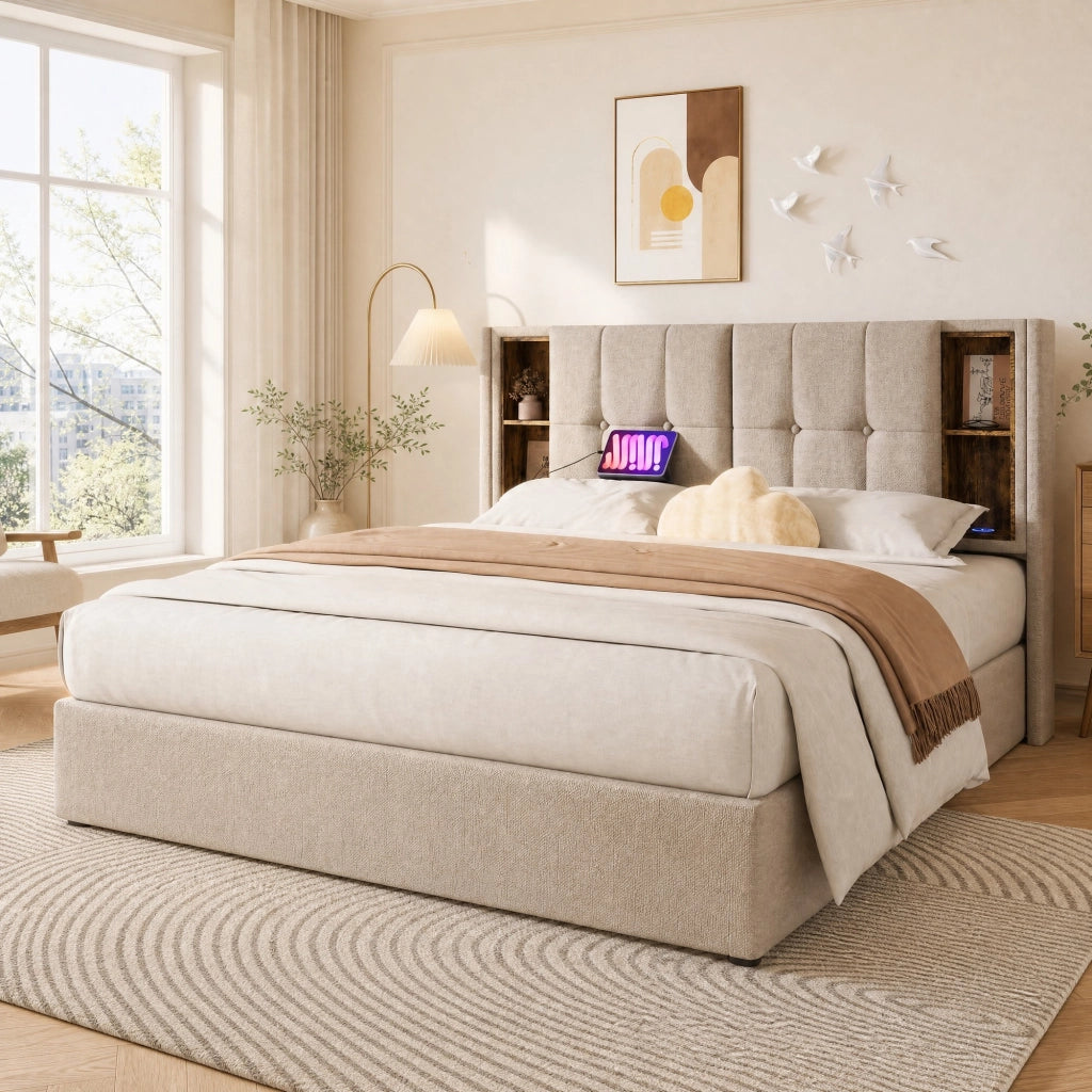 Letto matrimoniale imbottito 140x200 cm in lino naturale con ricarica wireless; USB e contenitore