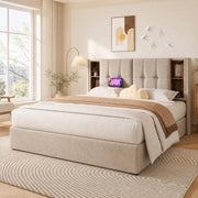 Letto matrimoniale imbottito 140x200 cm in lino naturale con ricarica wireless; USB e contenitore