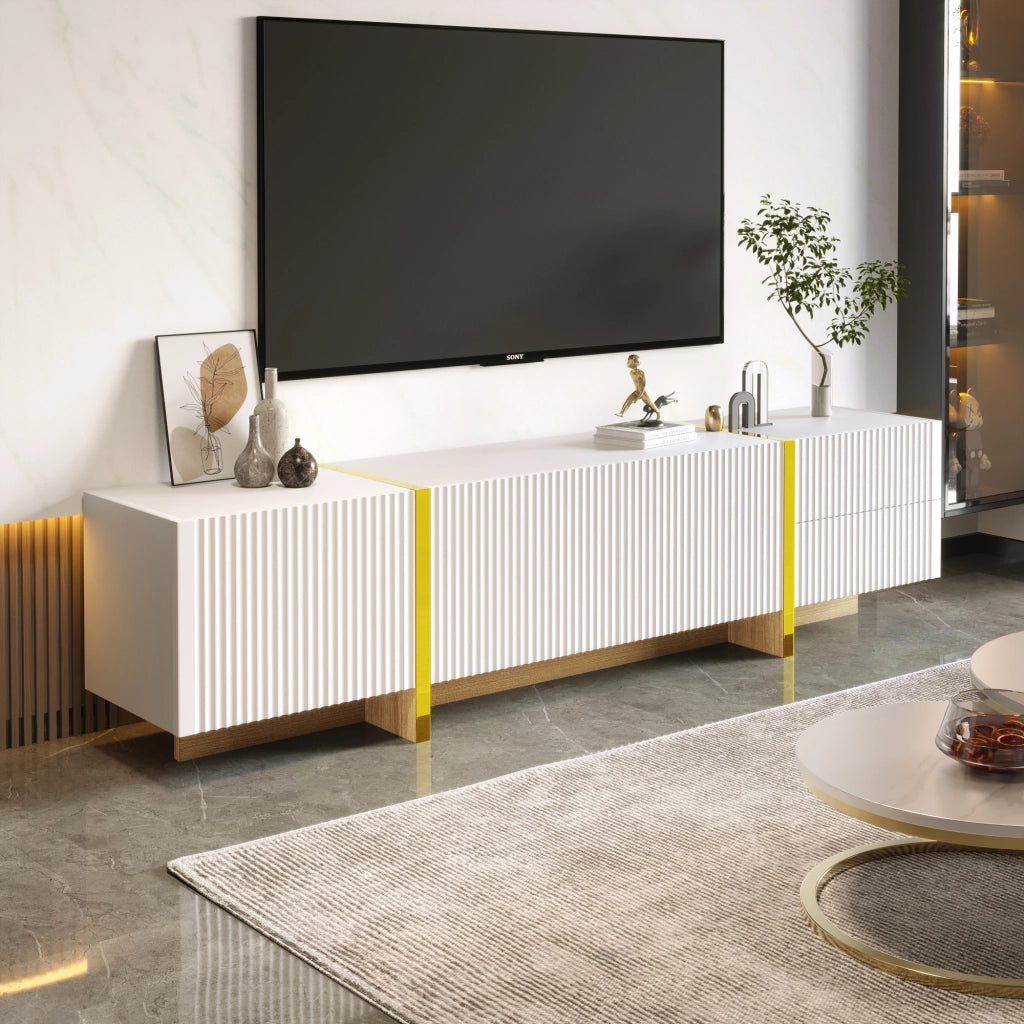 Mobile TV con 3 Ante e 2 Cassetti; Cerniere Ammortizzate; per Soggiorno; in MDF e Pannello di Particelle; Bianco e Oro; 190×35×45 cm