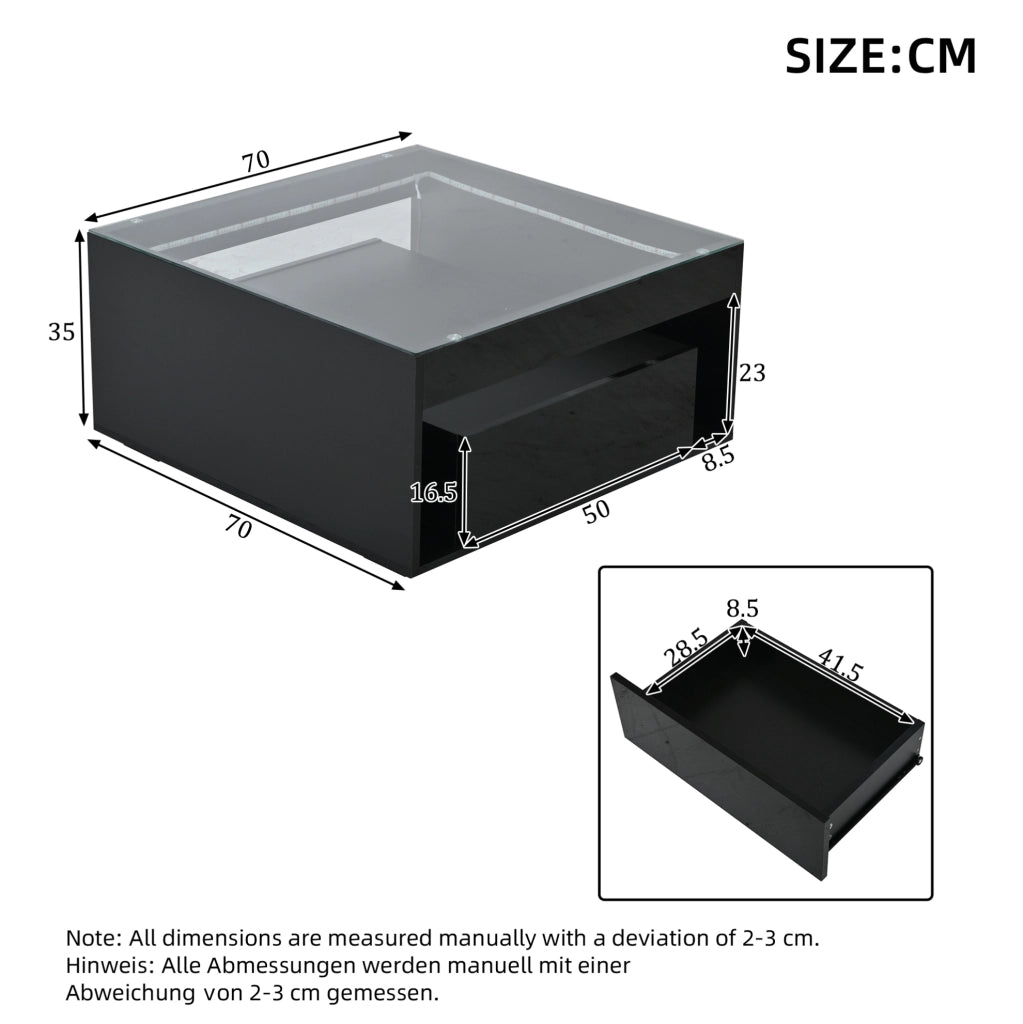 Tavolino da caffè 70 x 70 x 35 cm con 2 cassetti; piano in vetro temperato; nero