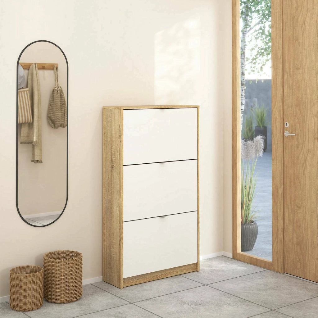 Scarpiera Irina, Mobile portascarpe, Armadio da ingresso multiuso, Mobiletto per calzature, 70x24 h124 cm, Quercia e Bianco