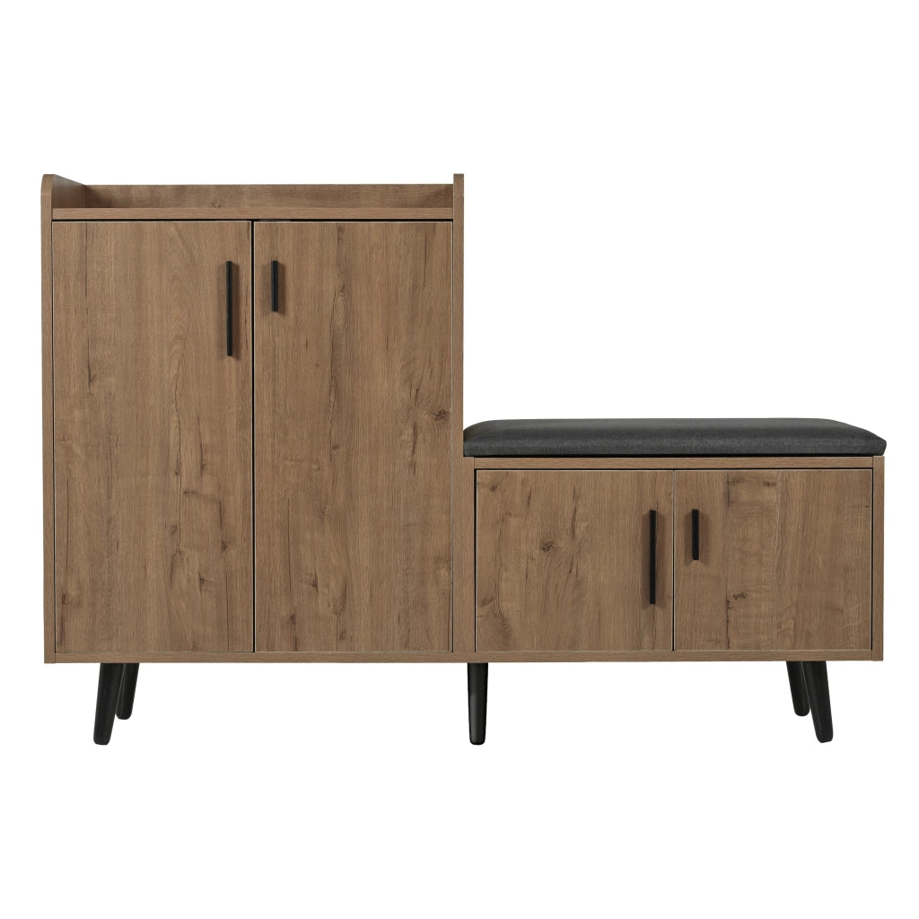 Scarpiera con seduta imbottita, struttura in truciolare e metallo, finitura naturale, 120 x 34 x 82,8 cm