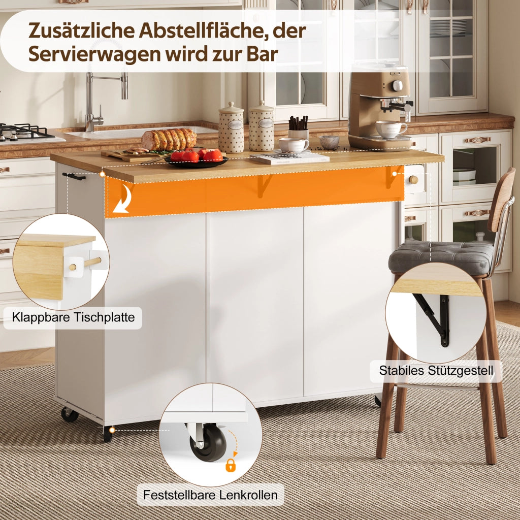 CARRELLO ISOLA DA CUCINA Pieghevole 130x70x93 cm MDF Bianco