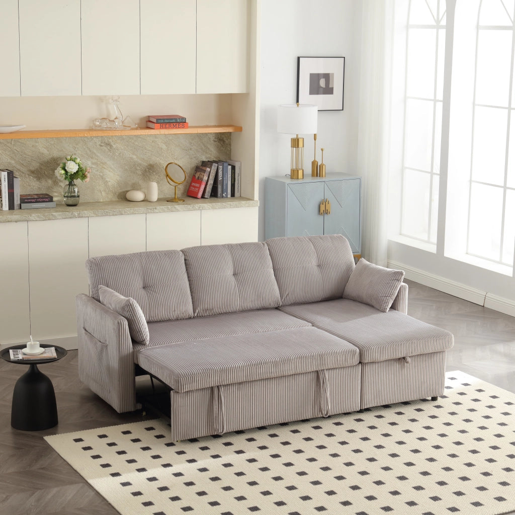 Divano letto modulare con contenitore e seduta reversibile in velluto a coste grigio chiaro 206 × 108 × 66 cm