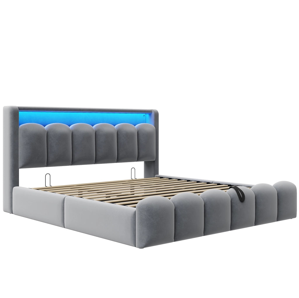 Letto matrimoniale 180x200 cm con contenitore idraulico, LED, USB e USB-C in velluto grigio