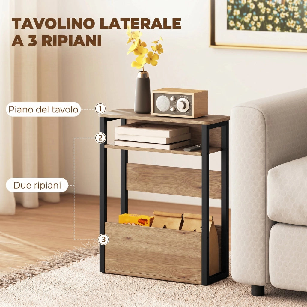 Tavolino da Soggiorno 46x18x58,5 cm in Stile Industriale con 2 Ripiani in Legno e Metallo Color Noce Scuro