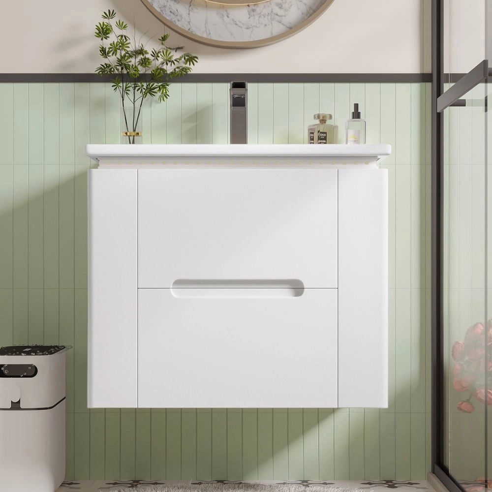 Armoire de salle de bain suspendue - Xylo - 60x46x48,5 cm - Blanc - ??clairage LED ?? d??tection radar, lavabo int??gr??, deux tiroirs