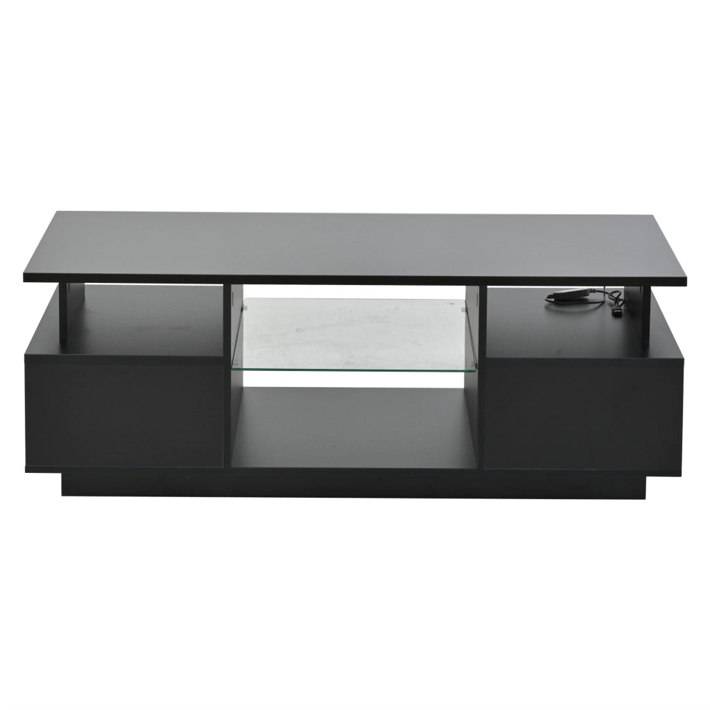 Tavolino da caffè 100x50x36 cm con LED e 2 cassetti in truciolato nero