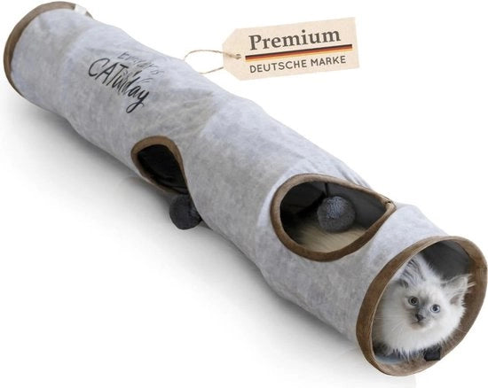Tunnel per gatti pieghevole 120 x 24 cm con 3 aperture e palline per gatti gioco per gatti tunnel per gatti con rumore grotta rotolante per gatti tunnel per gatti grigio con coniglio XXL