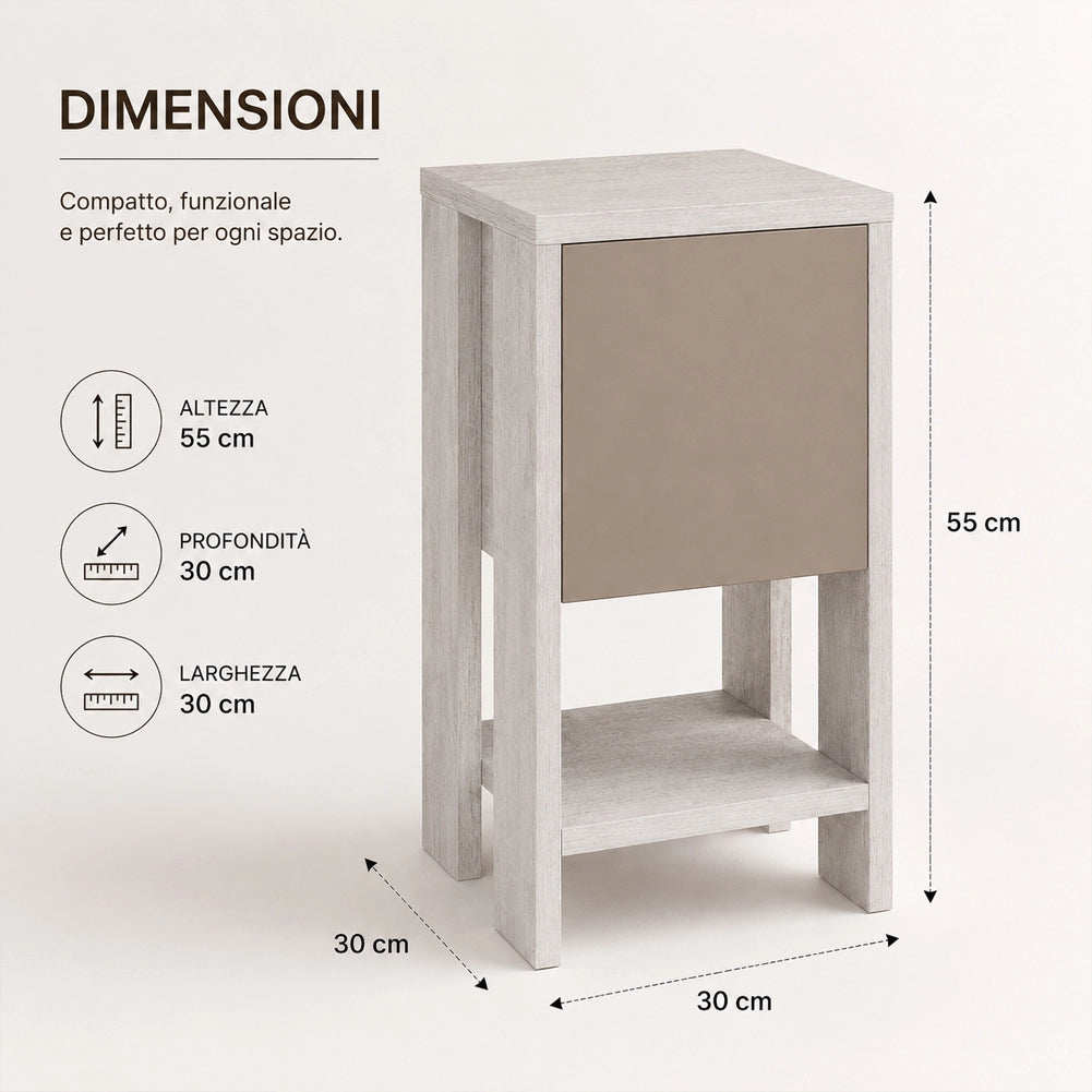 Comodino Mobiletto 2 Ripiani Anta Ribalta Tavolino Moderno Tortora Bianco Antico