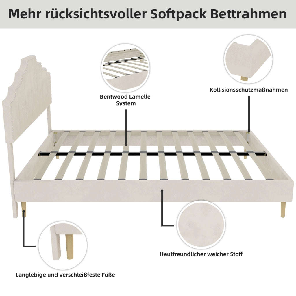 Letto 160x200 cm con Testiera Geometrica; in Tessuto e Metallo; Beige