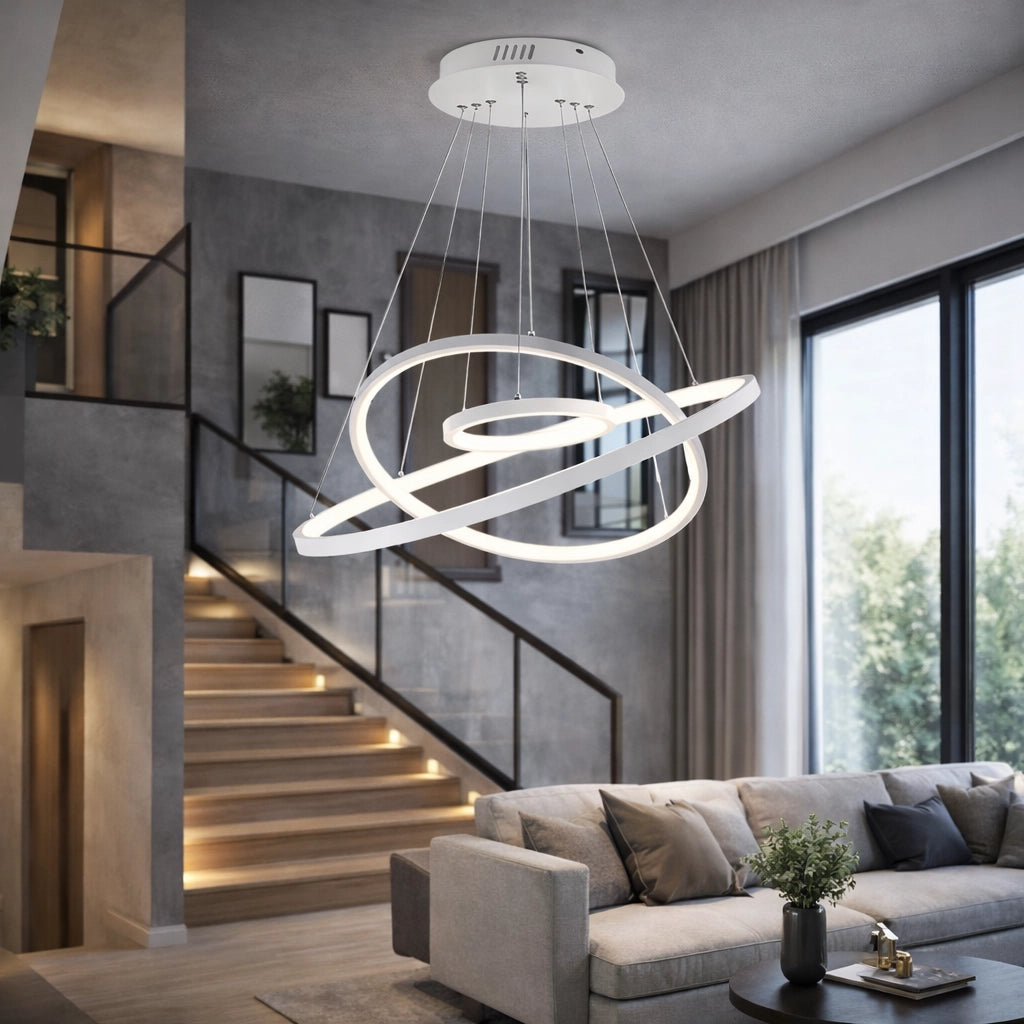 Lampadario LED Moderno a Sospensione con 3 Anelli, 51W 4080LM, CCT Switch luce calda, fredda e naturale, Lampada da Soffitto per Soggiorno Sala da Pranzo