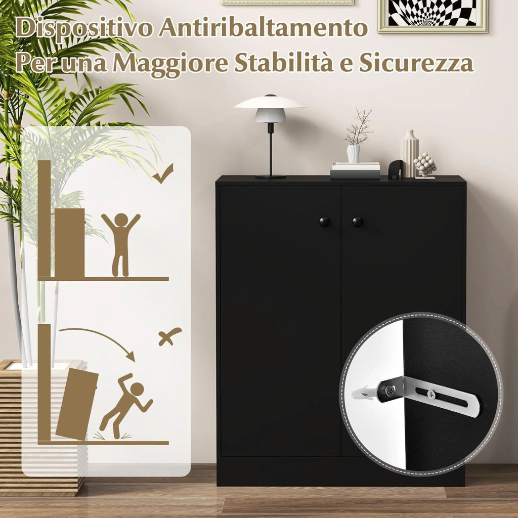 Armadietto da 2 Ante, Mobile da Pavimento con Ripiani a 3 Livelli e Dispositivo Anti-Ribaltamento, per Soggiorno, Sala da Pranzo e Ingresso, 72 x 34 x 85,5 cm (Nero)