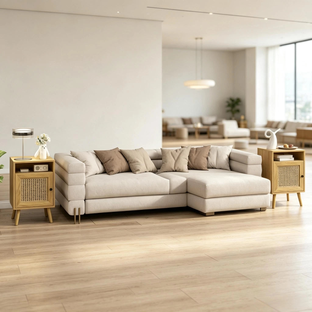 Set di 2 comodini con 1 vano aperto e anta in rattan, MDF e truciolato, per camera da letto, naturale, 39 × 35 × 60 cm