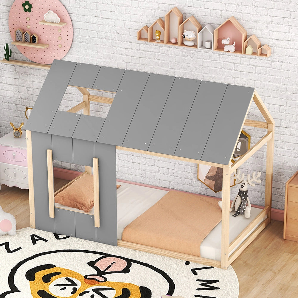 Letto a castello per bambini a forma di casa - Xylo - 90x200 - Naturale Grigio con tetto e finestra