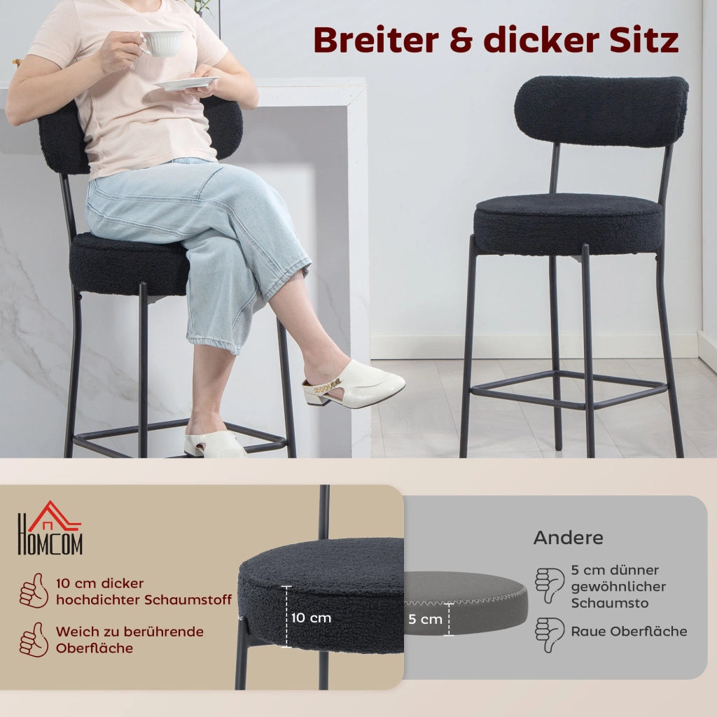 Set 2 Sgabelli Imbottiti con Poggiapiedi ¨C Xylo ¨C Rivestimento Tessuto Fleece Nero Struttura Metallo