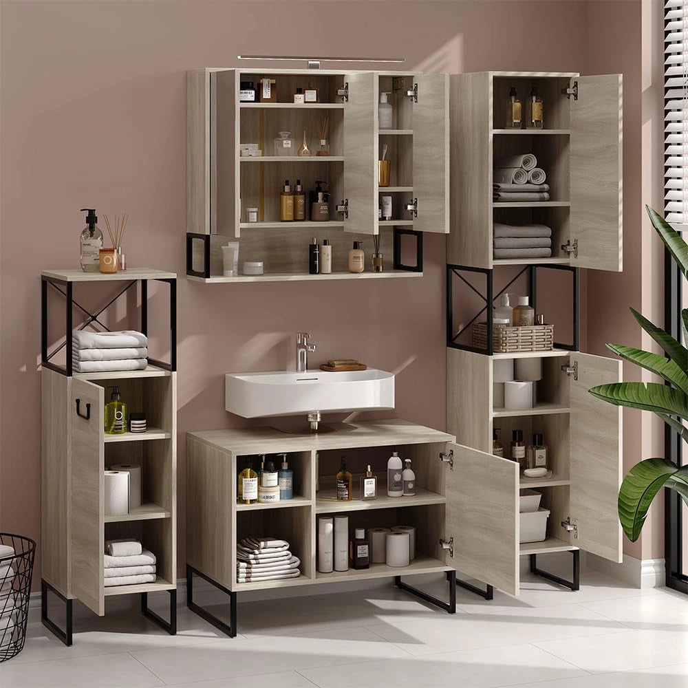 Set di mobili da bagno Vionna, Quercia/nero, 80 cm, composto da mobile sottolavabo, specchiera e mobile medio