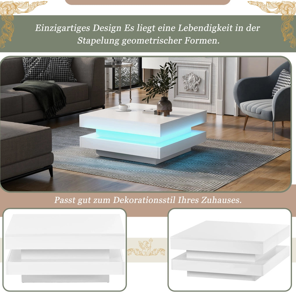 Tavolino da caffè quadrato con LED Bluetooth; 70 x 70 x 36 cm; truciolare bianco