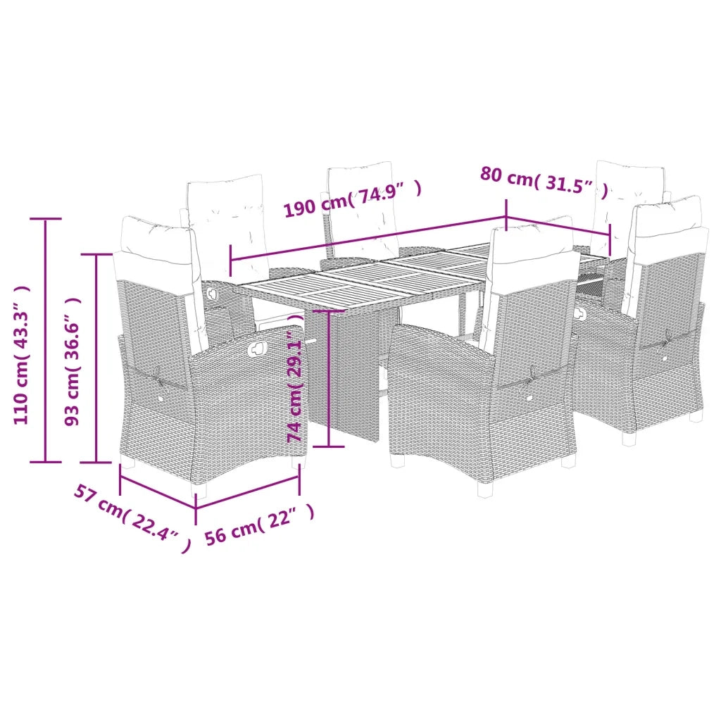 Set da Pranzo da Giardino 7 pz Nero con Cuscini in Polyrattan 3212934