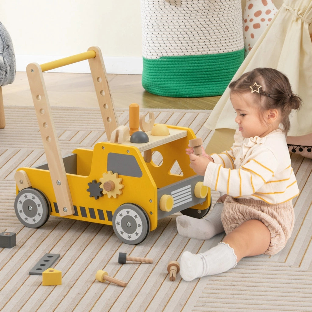 Passeggino per bambini 2-in-1 con attrezzi regolabili e spazio di stoccaggio inferiore, Girello per bambini Giallo