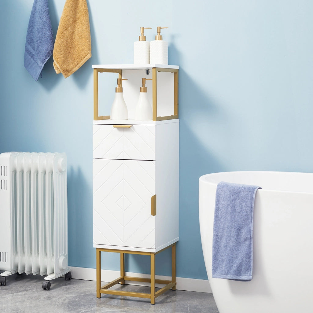 Mobile Bagno con Cassetto, Armadietto e Ripiano ¨C zephmum ¨C Legno e Metallo, Bianco, 30x30x105cm