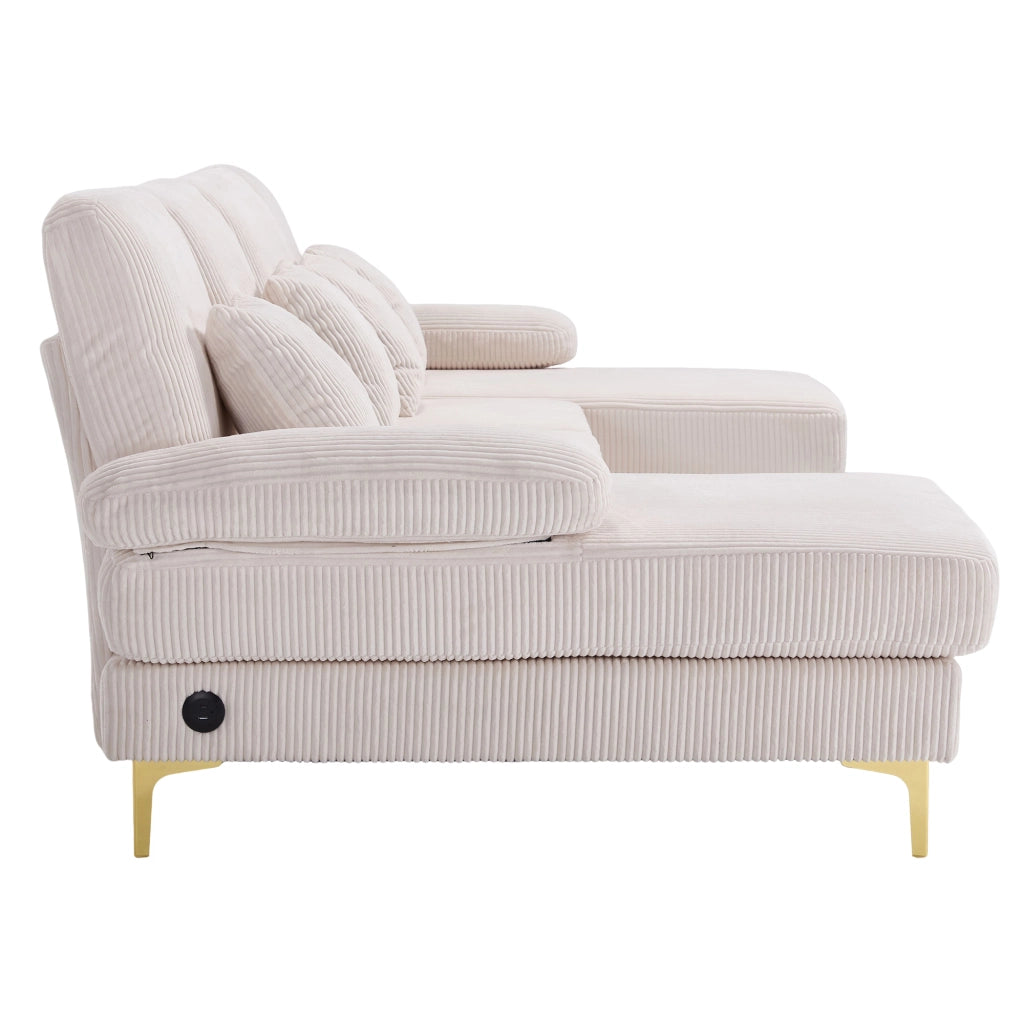 Divano Panoramico a U con Luce Led e Porta Usb; 4 Cuscini; Schienale Ergonomico; Velluto Beige