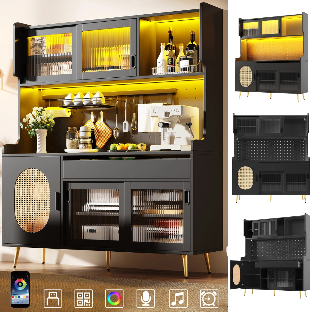 OKWISH Credenza da Cucina Alta 5 Ante, LED e Pannello Forato, Stile Country, MDF, Nero, 145 x 39 x 171 cm
