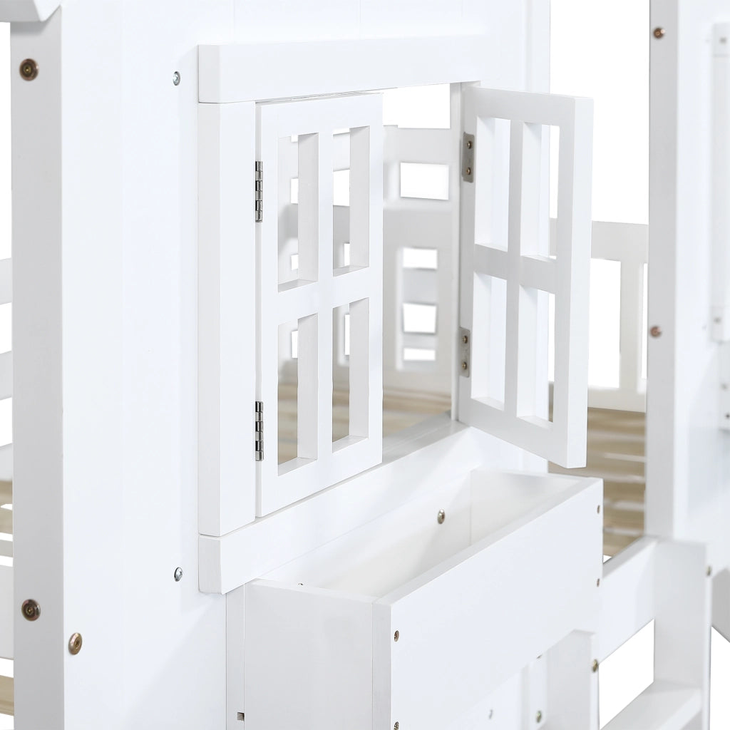 Letto a Castello per Bambini con Scivolo, Tetto e Rete di Protezione ¨C MINIMAL ¨C Pino/MDF, Bianco, 90x200