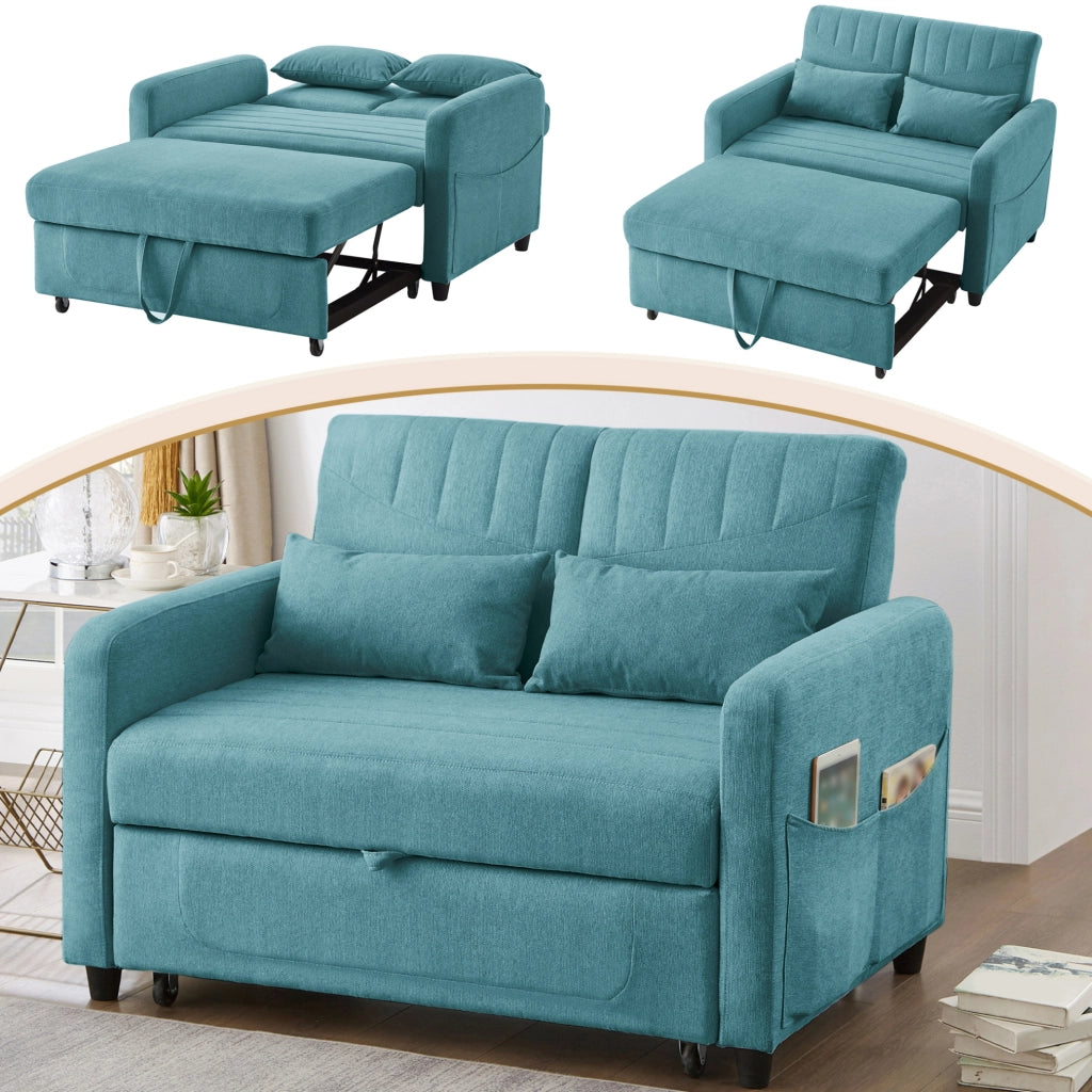 Divano letto 2 posti 166x95 cm estraibile; schienale regolabile; schiuma blu verde antico