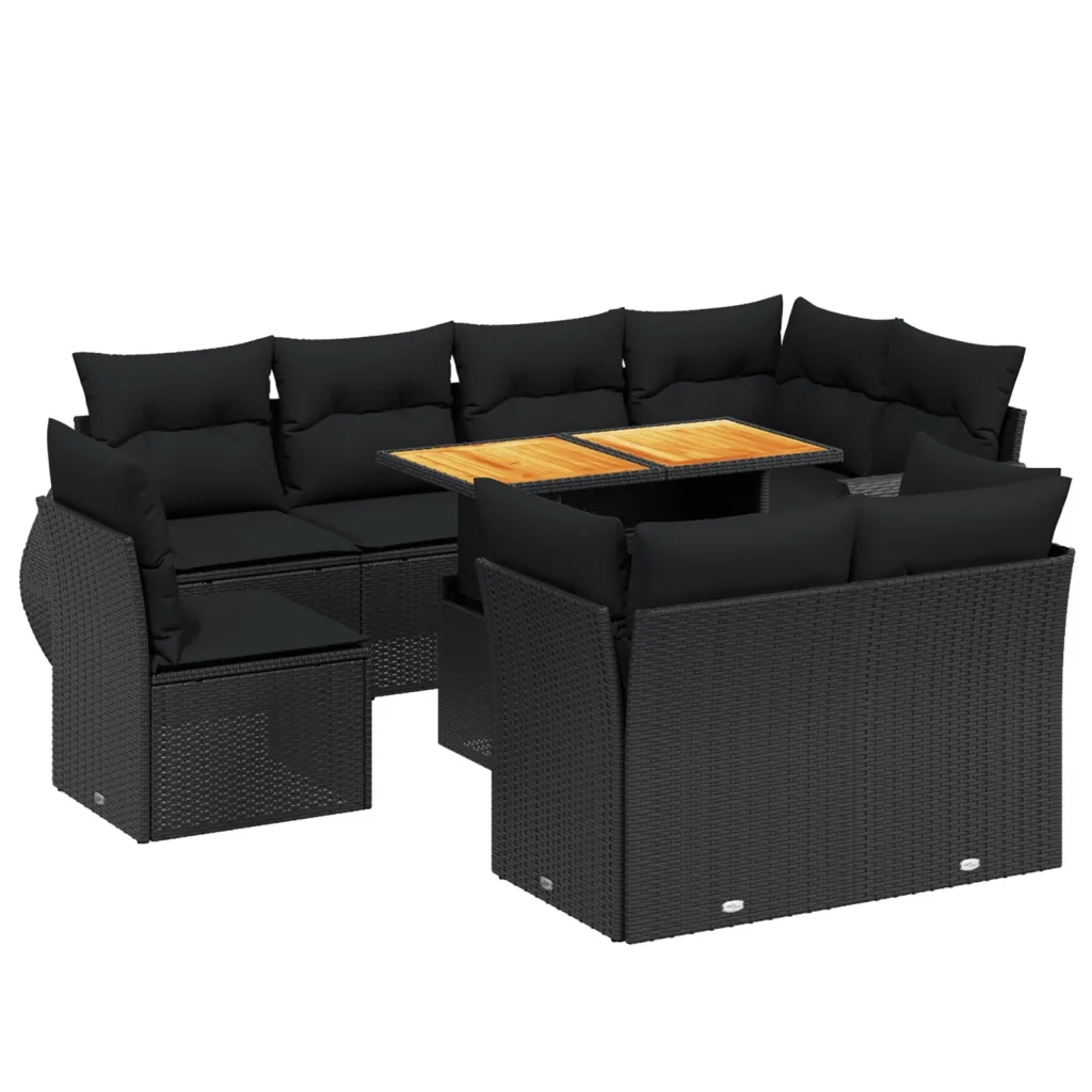 Set Divani da Giardino 9 pz con Cuscini Nero in Polyrattan 3272287