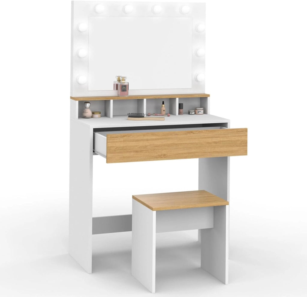 Mueble de tocador ZELIA blanco y haya con espejo LED, 4 huecos, 1 cajón y taburete