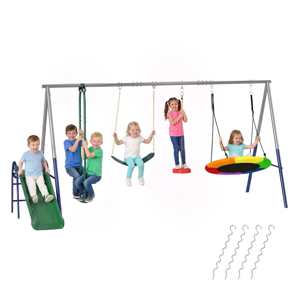 Altalena 5 in 1 con Scivolo e Altalena Nido ¨C zephmum ¨C 382x196x203 cm Multicolore