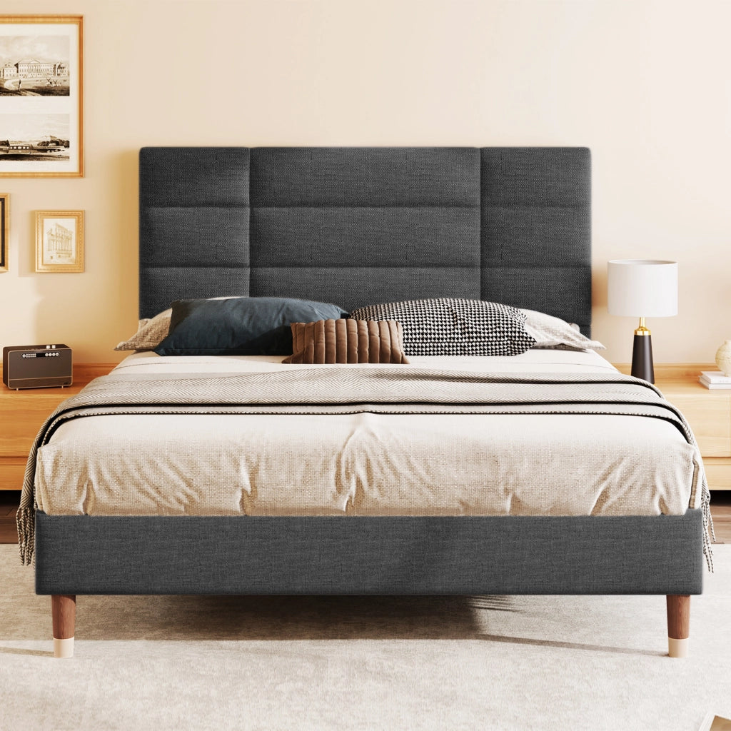 Letto matrimoniale – 140x200 cm – testiera imbottita rete – lino grigio scuro