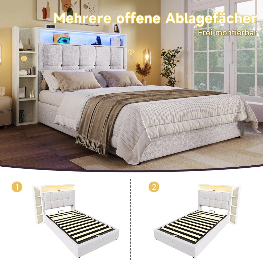 Letto singolo imbottito 90x200 cm beige con LED e USB-C