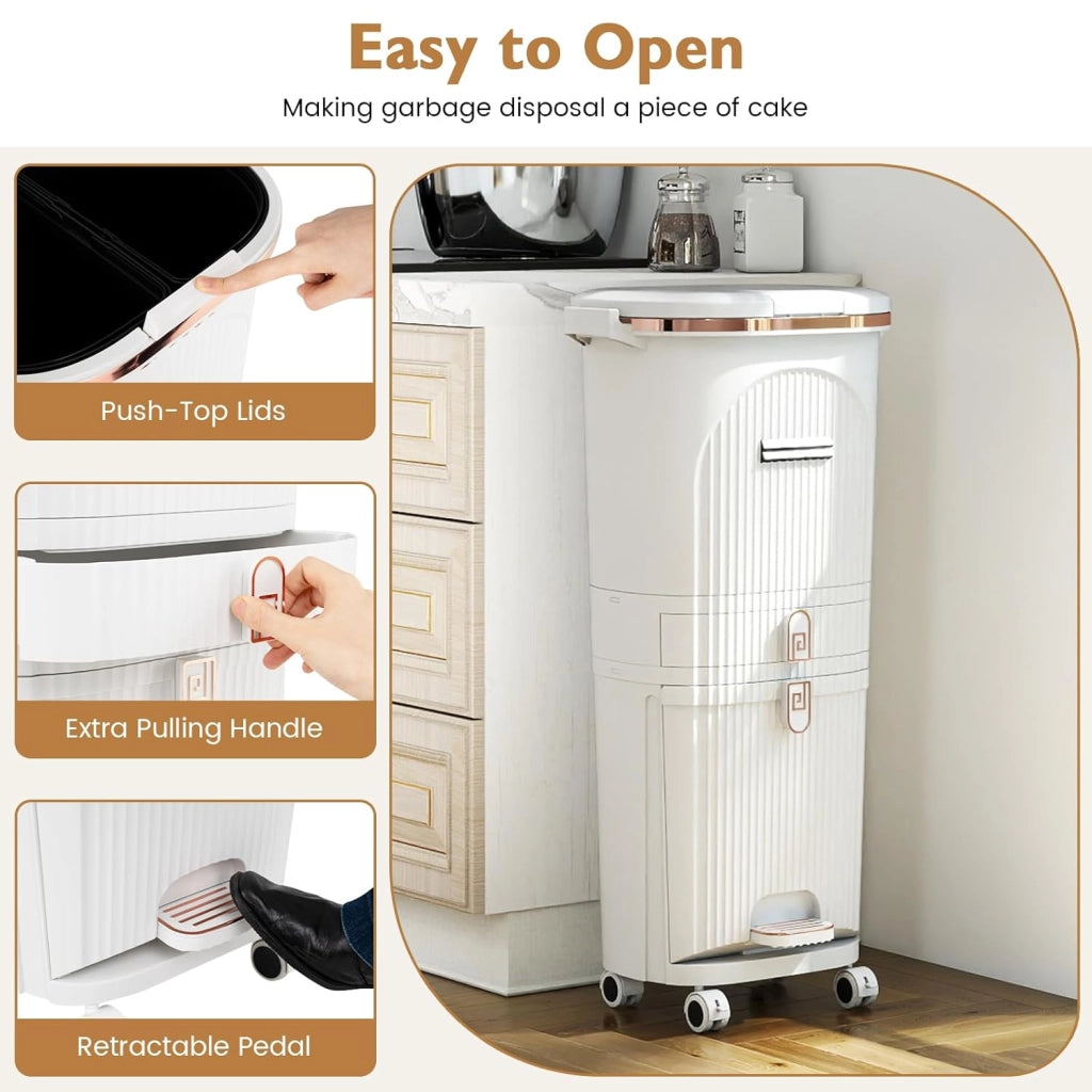 Pattumiera da cucina a 3 scomparti, 42 l, pattumiera con ruote, pattumiera a pedale con cassetto, pattumiera con coperchio, pedale e maniglia, sistema di raccolta differenziata della