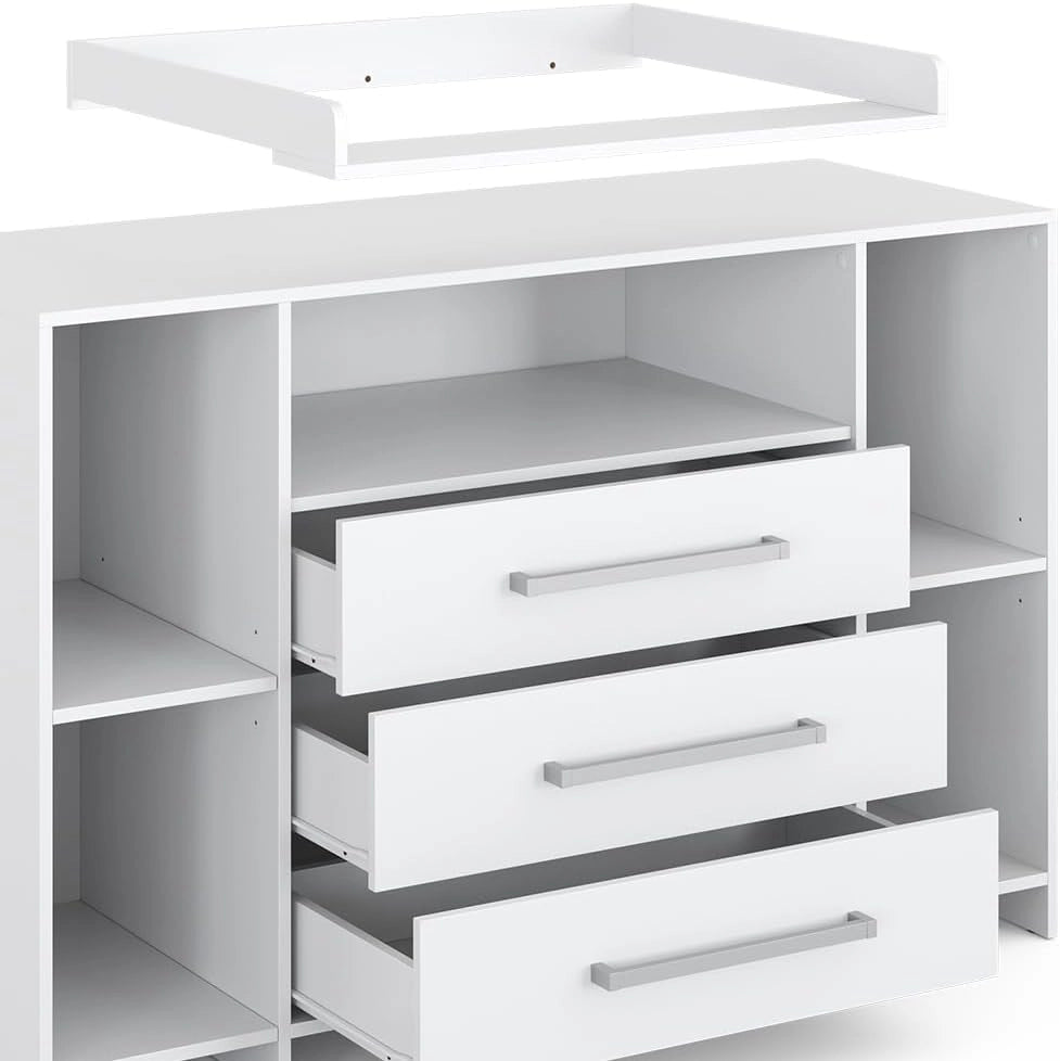 Fasciatoio Oskar, Bianco, 143 x 100 cm XL con cassetti, adatto come fasciatoio con area di appoggio estensibile