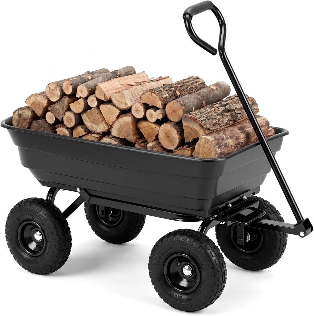 Carrello da Giardino 75 L Portata 300 kg, Carriola da Giardino Ribaltabile con 4 Ruote Pneumatiche, Manico Regolabile e Impugnatura Morbida, Carriola da Muratore da Esterno